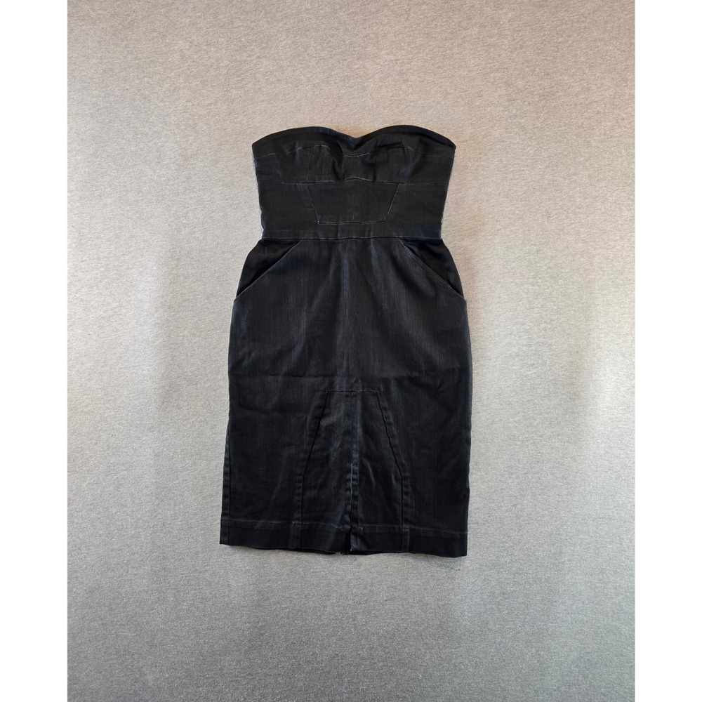 Heidi Merrick Denim Dress Womens 6 Black Strapless Sweetheart Bodycon Pockets